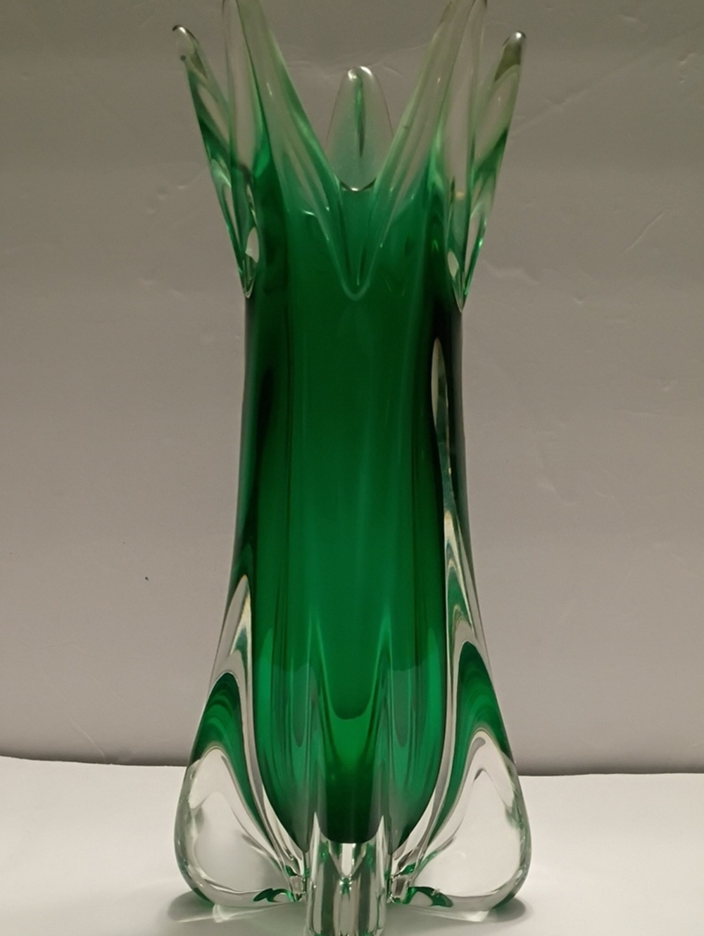 Murano Green Swung Art Glass Vase Five Finger MCM Estate Vintage Large